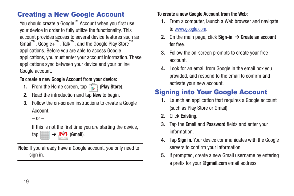 Creating a new google account, Signing into your google account | Samsung SGH-T699DABTMB User Manual | Page 24 / 353