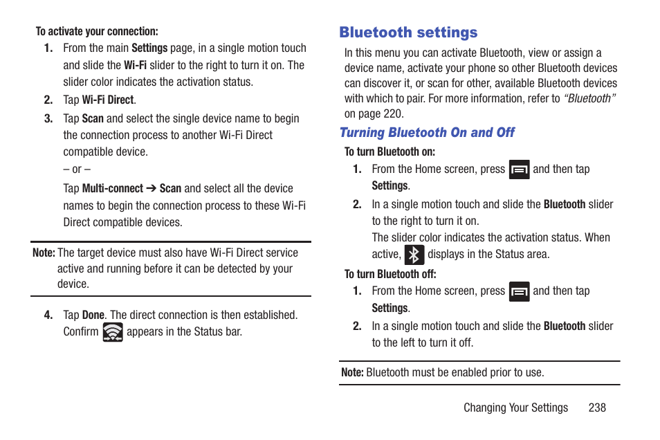 Bluetooth settings | Samsung SGH-T699DABTMB User Manual | Page 243 / 353