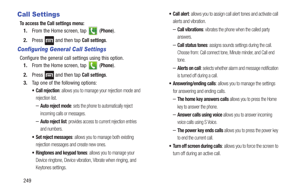 Call settings | Samsung SGH-T699DABTMB User Manual | Page 254 / 353