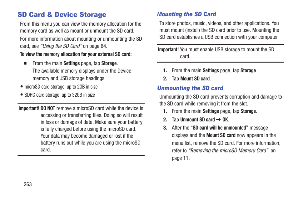 Sd card & device storage | Samsung SGH-T699DABTMB User Manual | Page 268 / 353