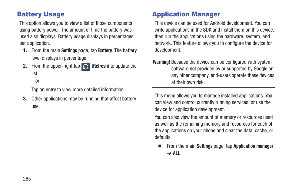 Battery usage, Application manager, Battery usage application manager | Samsung SGH-T699DABTMB User Manual | Page 270 / 353