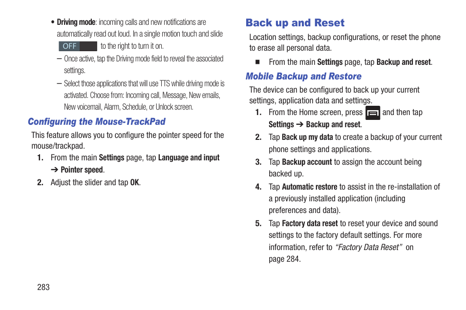 Back up and reset | Samsung SGH-T699DABTMB User Manual | Page 288 / 353