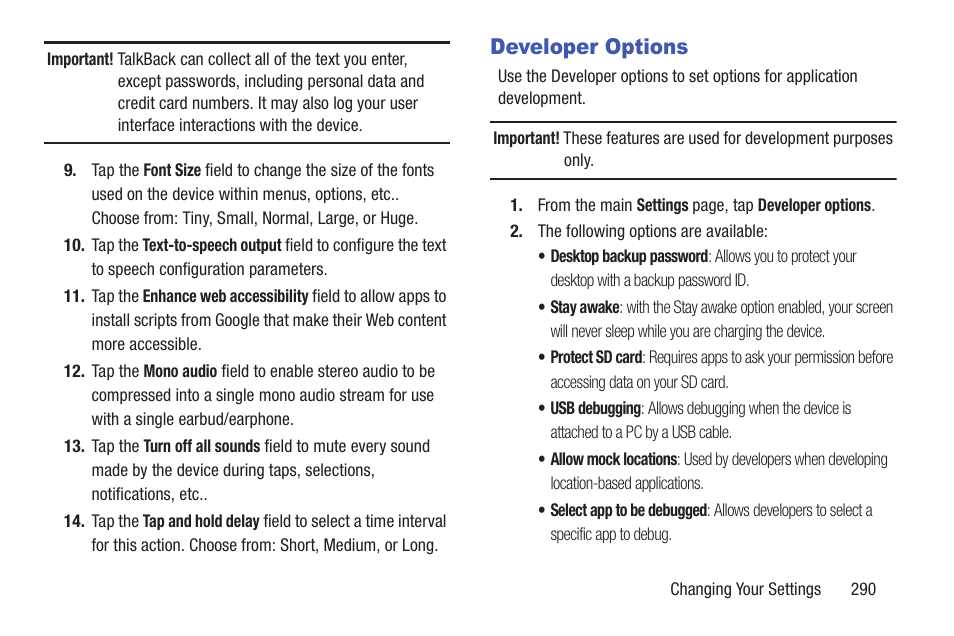 Developer options | Samsung SGH-T699DABTMB User Manual | Page 295 / 353