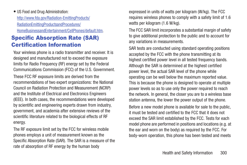 Specific absorption rate (sar) certification, Information | Samsung SGH-T699DABTMB User Manual | Page 305 / 353