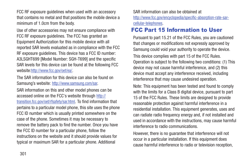 Fcc part 15 information to user | Samsung SGH-T699DABTMB User Manual | Page 306 / 353