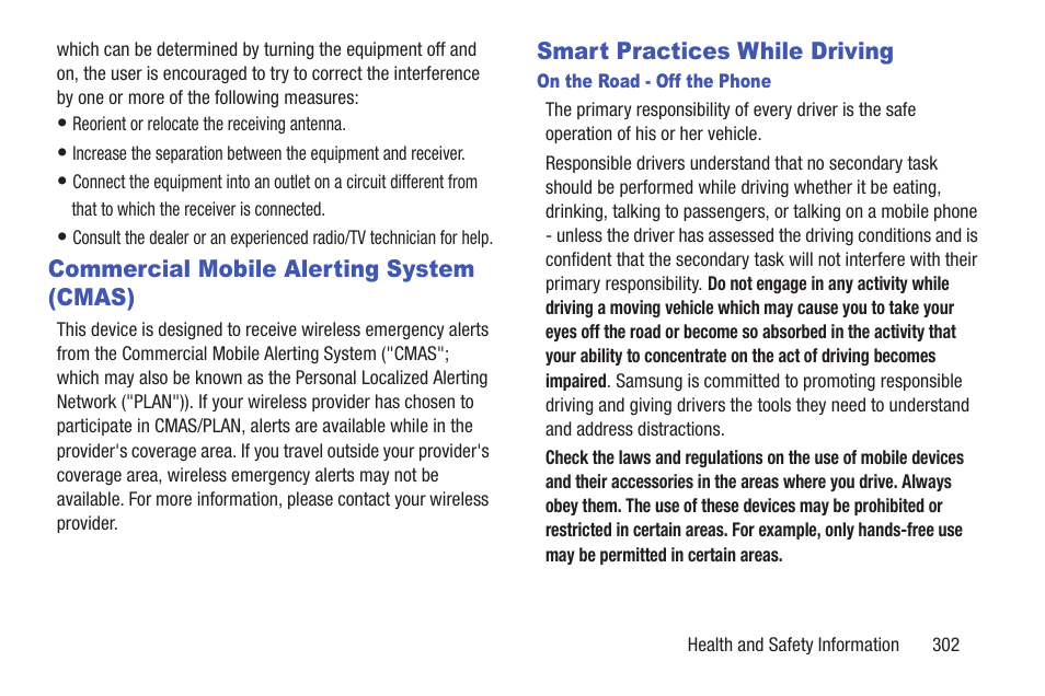 Commercial mobile alerting system (cmas), Smart practices while driving | Samsung SGH-T699DABTMB User Manual | Page 307 / 353