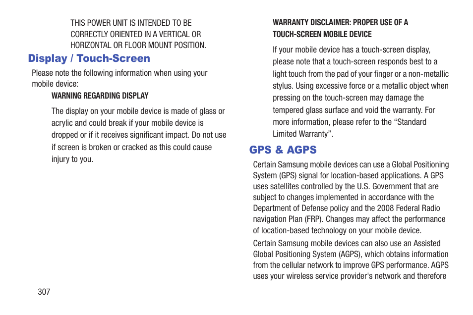 Display / touch-screen, Gps & agps, Display / touch-screen gps & agps | Samsung SGH-T699DABTMB User Manual | Page 312 / 353