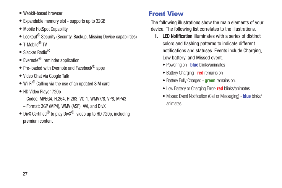 Front view | Samsung SGH-T699DABTMB User Manual | Page 32 / 353