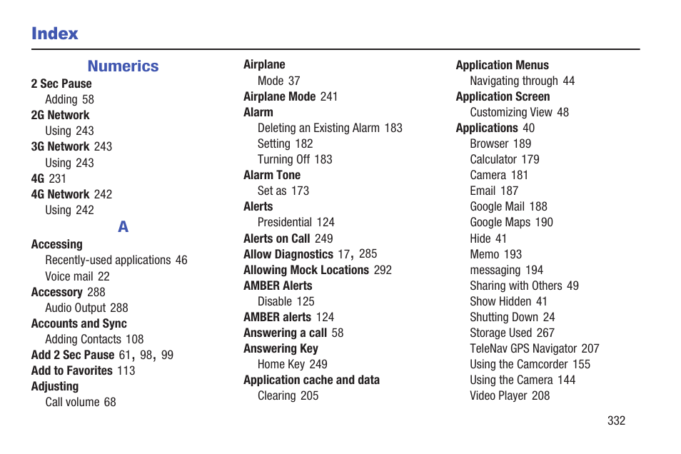 Index | Samsung SGH-T699DABTMB User Manual | Page 337 / 353