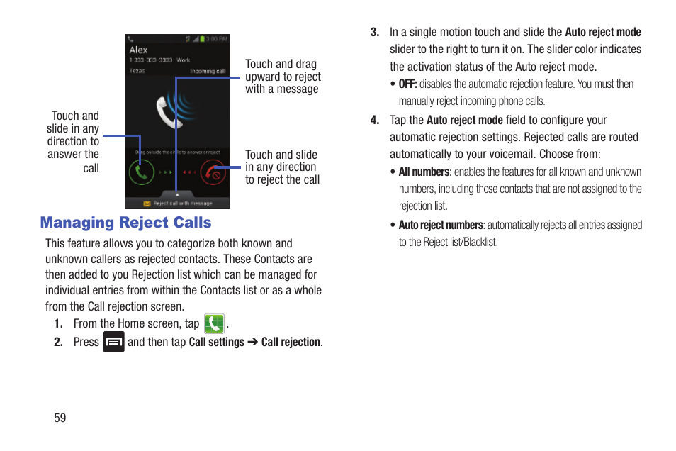 Managing reject calls | Samsung SGH-T699DABTMB User Manual | Page 64 / 353