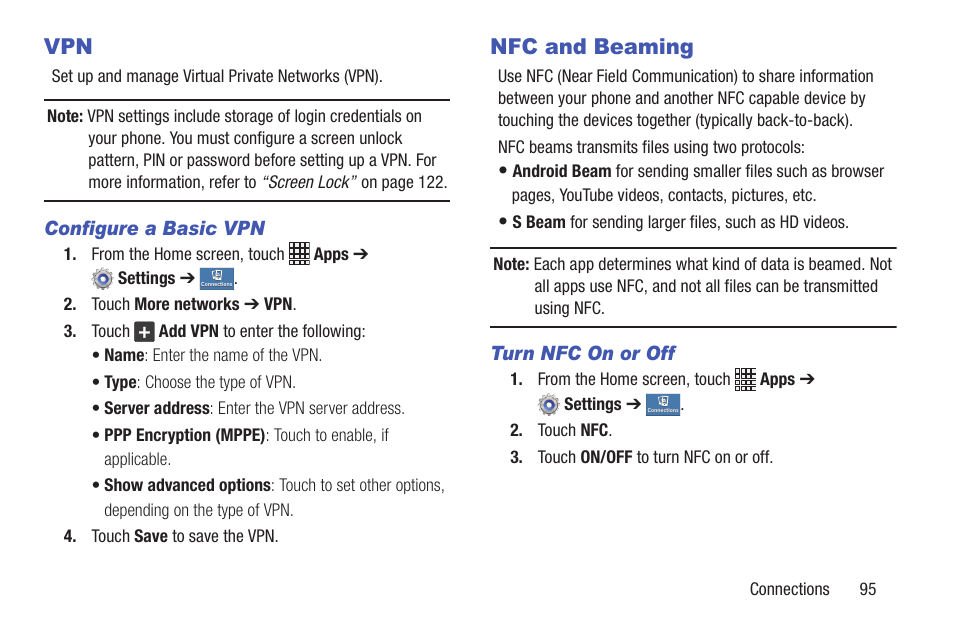 Nfc and beaming, Vpn nfc and beaming | Samsung SCH-I435ZKAXAR User Manual | Page 101 / 170