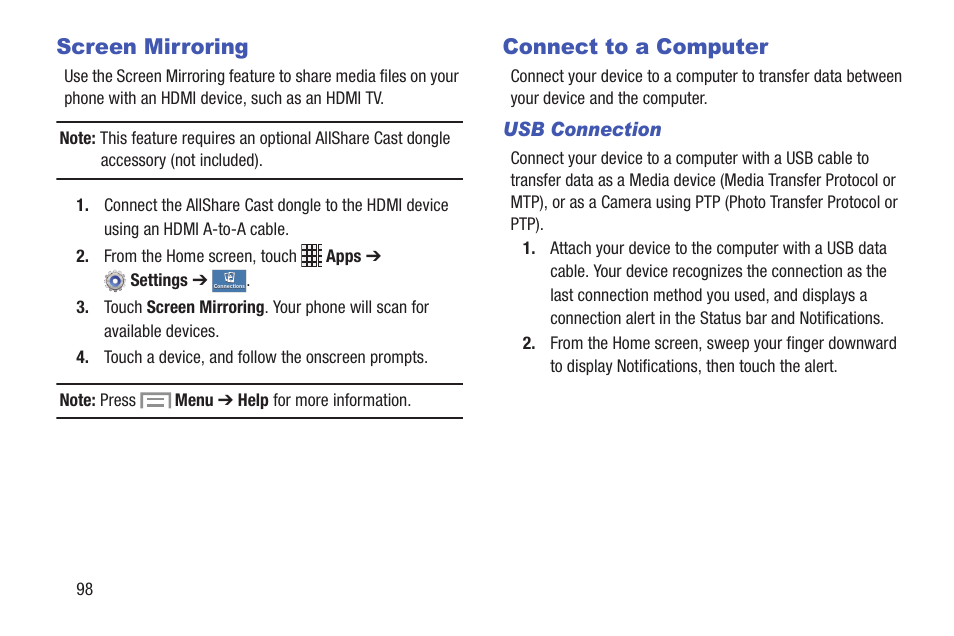 Screen mirroring, Connect to a computer, Screen mirroring connect to a computer | Uded). for more information, refer to “screen | Samsung SCH-I435ZKAXAR User Manual | Page 104 / 170