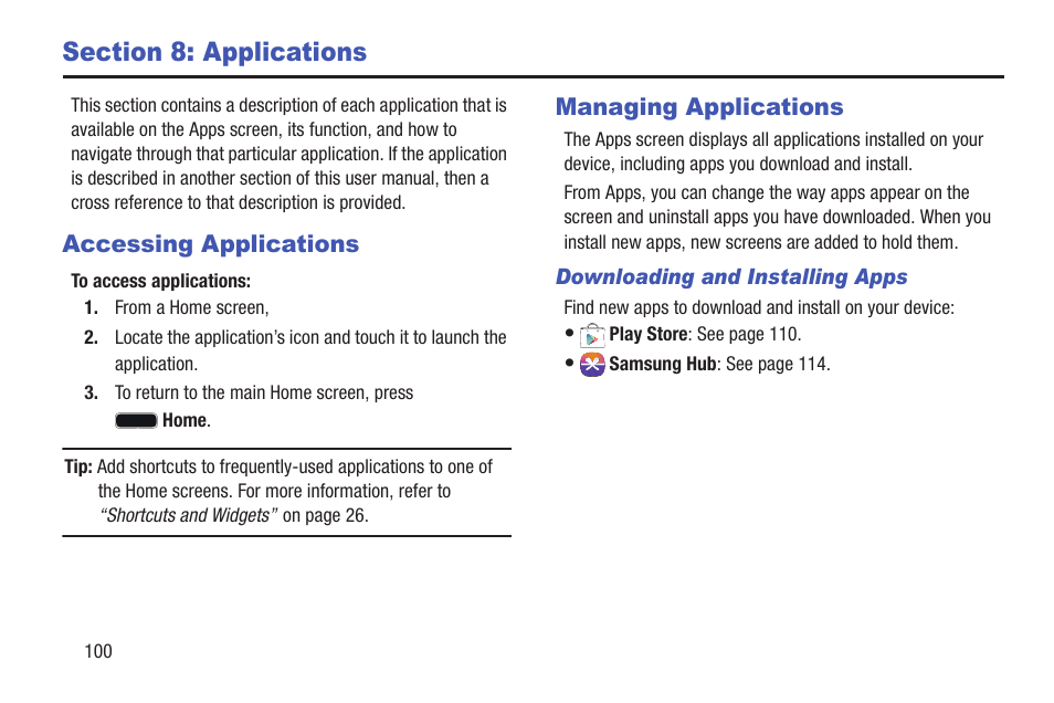 Section 8: applications, Accessing applications, Managing applications | Accessing applications managing applications | Samsung SCH-I435ZKAXAR User Manual | Page 106 / 170