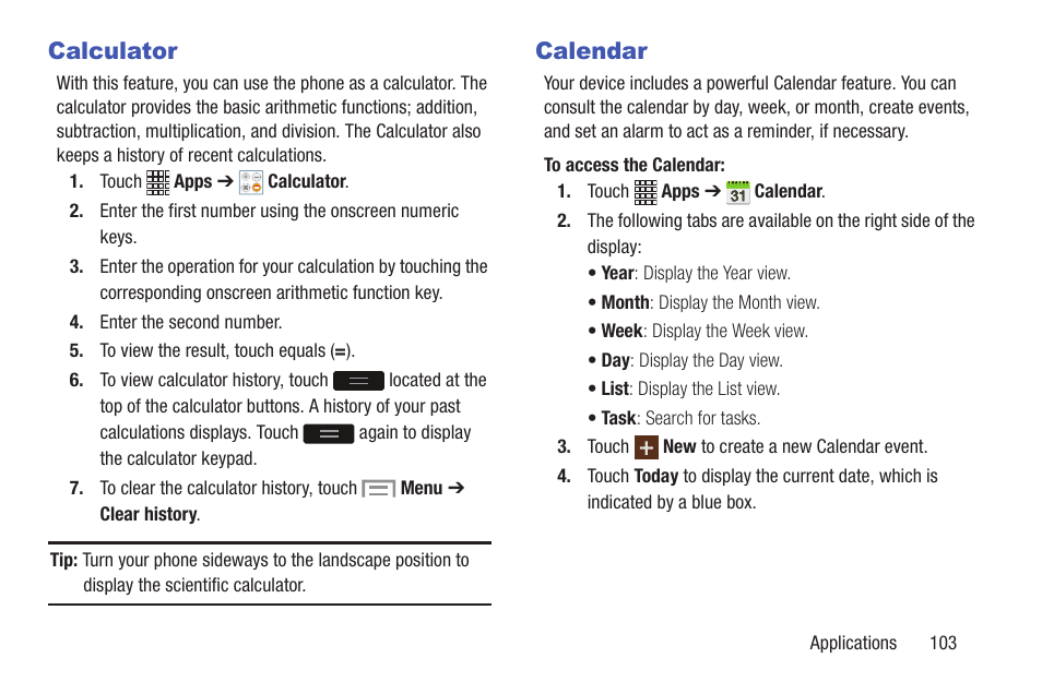Calculator, Calendar, Calculator calendar | Samsung SCH-I435ZKAXAR User Manual | Page 109 / 170