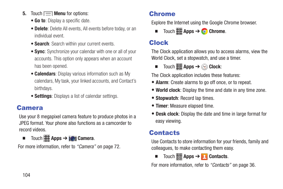 Camera, Chrome, Clock | Contacts, Camera chrome clock contacts | Samsung SCH-I435ZKAXAR User Manual | Page 110 / 170