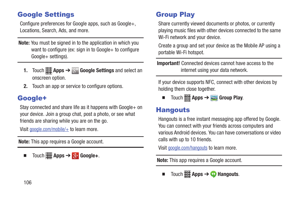 Google settings, Google, Group play | Hangouts, Google settings google+ group play hangouts | Samsung SCH-I435ZKAXAR User Manual | Page 112 / 170