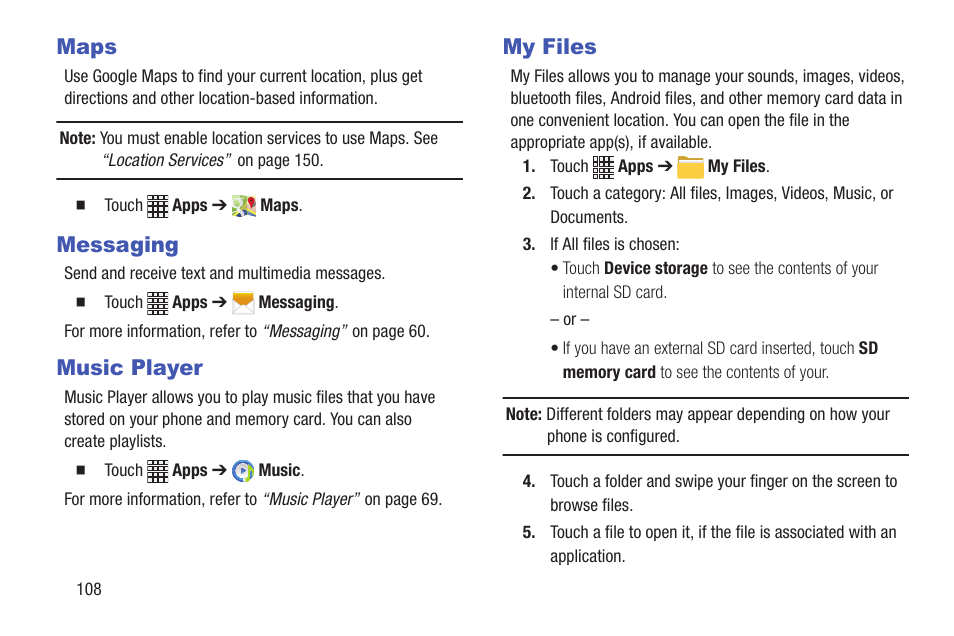 Maps, Messaging, Music player | My files, Maps messaging music player my files | Samsung SCH-I435ZKAXAR User Manual | Page 114 / 170