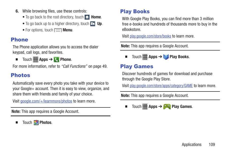 Phone, Photos, Play books | Play games, Phone photos play books play games | Samsung SCH-I435ZKAXAR User Manual | Page 115 / 170
