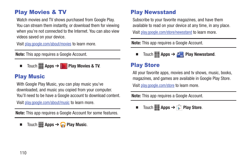 Play movies & tv, Play music, Play newsstand | Play store | Samsung SCH-I435ZKAXAR User Manual | Page 116 / 170