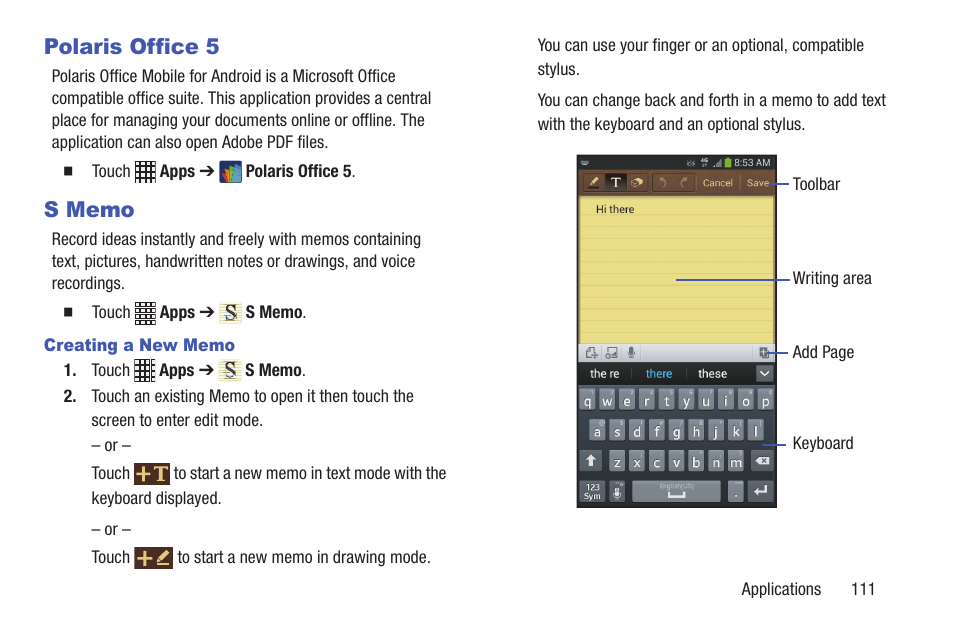 Polaris office 5, S memo, Polaris office 5 s memo | Samsung SCH-I435ZKAXAR User Manual | Page 117 / 170