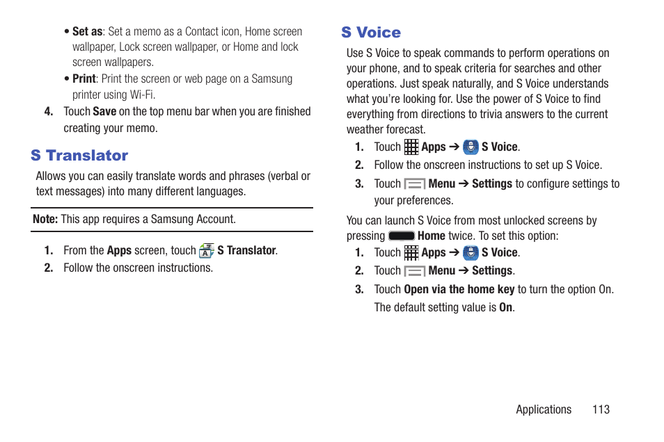 S translator, S voice, S translator s voice | Samsung SCH-I435ZKAXAR User Manual | Page 119 / 170