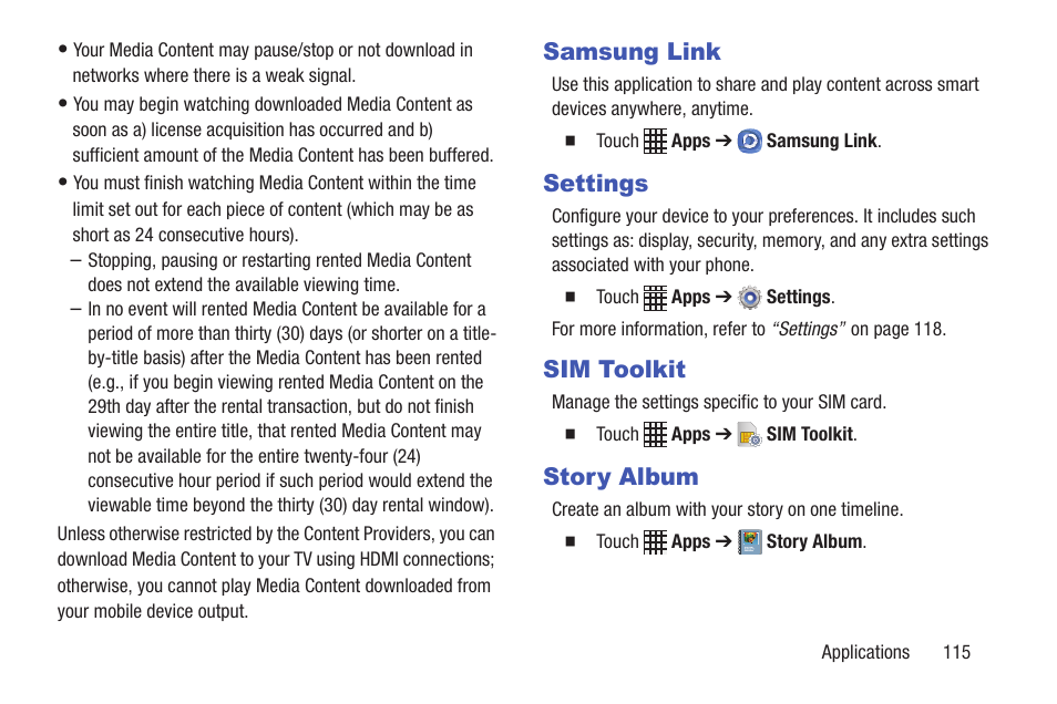 Samsung link, Settings, Sim toolkit | Story album, Samsung link settings, Sim toolkit story album | Samsung SCH-I435ZKAXAR User Manual | Page 121 / 170