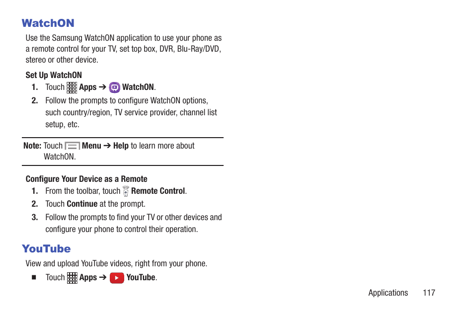 Watchon, Youtube, Watchon youtube | Samsung SCH-I435ZKAXAR User Manual | Page 123 / 170