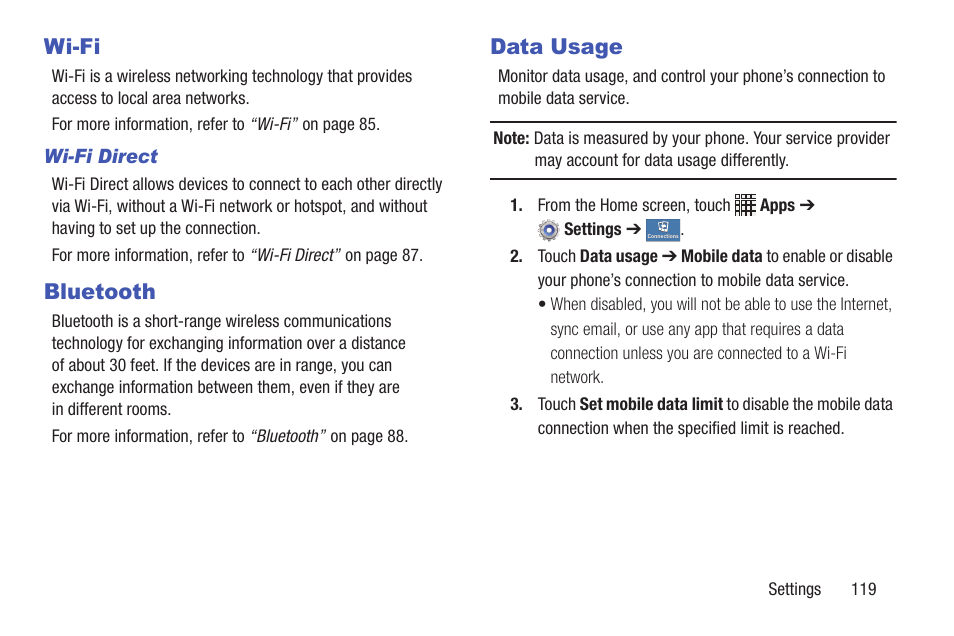 Wi-fi, Bluetooth, Data usage | Wi-fi bluetooth data usage | Samsung SCH-I435ZKAXAR User Manual | Page 125 / 170