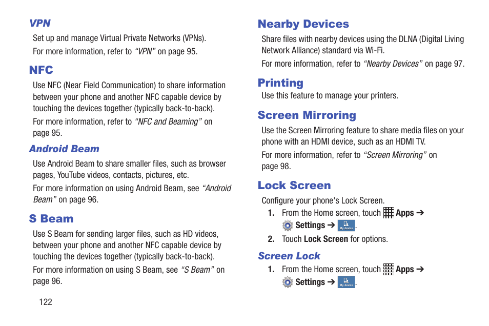 S beam, Nearby devices, Printing | Screen mirroring, Lock screen | Samsung SCH-I435ZKAXAR User Manual | Page 128 / 170