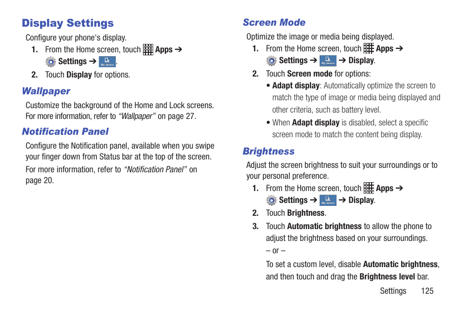 Display settings | Samsung SCH-I435ZKAXAR User Manual | Page 131 / 170