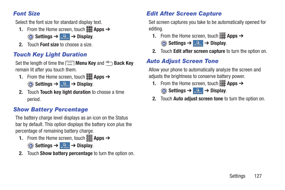 Font size, Touch key light duration, Show battery percentage | Edit after screen capture, Auto adjust screen tone | Samsung SCH-I435ZKAXAR User Manual | Page 133 / 170