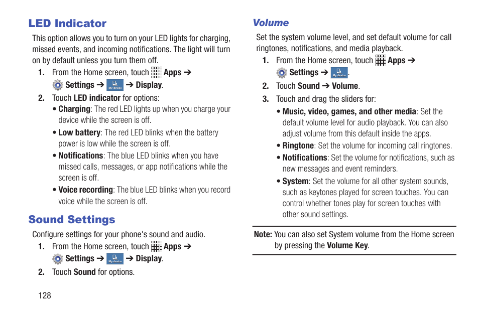 Led indicator, Sound settings, Led indicator sound settings | For more information, refer to “sound | Samsung SCH-I435ZKAXAR User Manual | Page 134 / 170