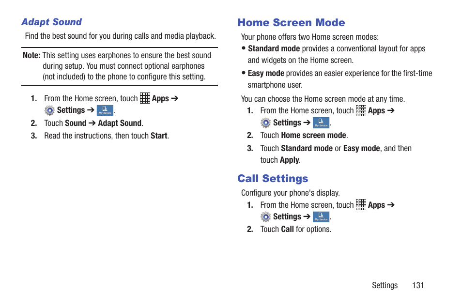 Home screen mode, Call settings, Home screen mode call settings | For more information | Samsung SCH-I435ZKAXAR User Manual | Page 137 / 170