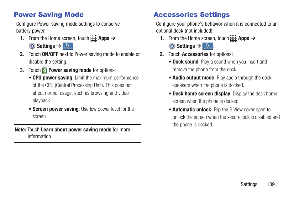Power saving mode, Accessories settings, Power saving mode accessories settings | Samsung SCH-I435ZKAXAR User Manual | Page 145 / 170