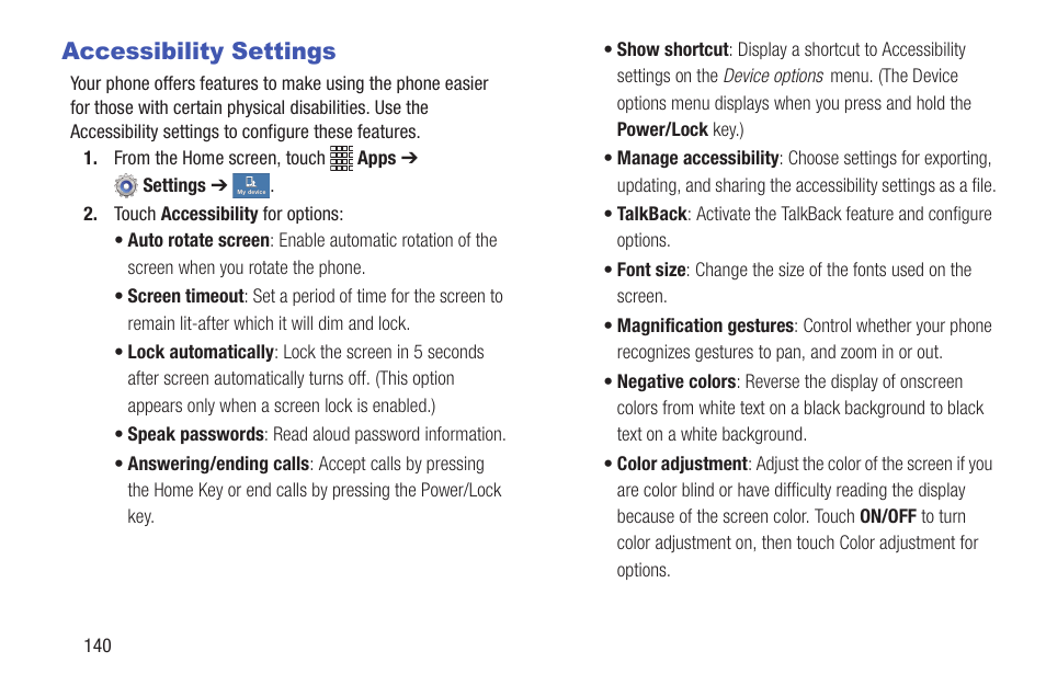 Accessibility settings | Samsung SCH-I435ZKAXAR User Manual | Page 146 / 170