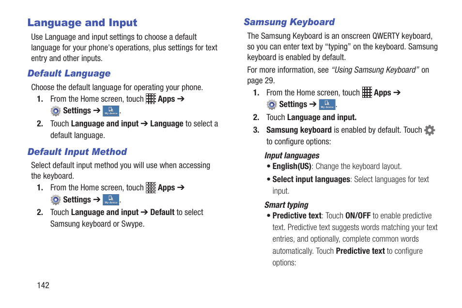 Language and input, For more, Information, refer to “samsung keyboard” on | Samsung SCH-I435ZKAXAR User Manual | Page 148 / 170