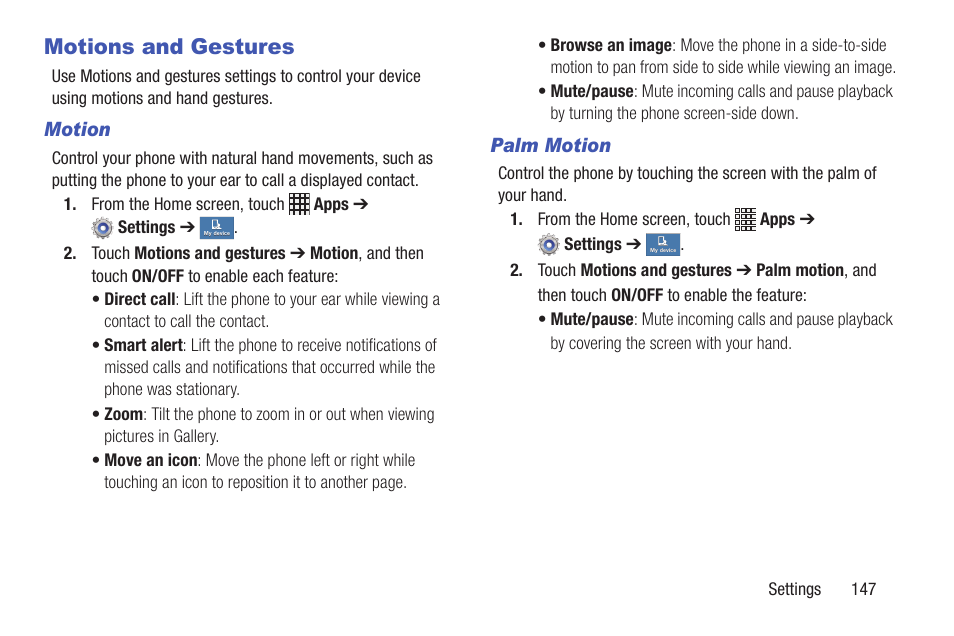 Motions and gestures | Samsung SCH-I435ZKAXAR User Manual | Page 153 / 170