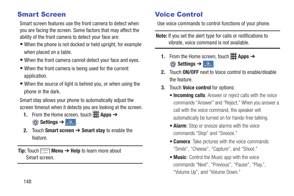 Smart screen, Voice control, Smart screen voice control | Samsung SCH-I435ZKAXAR User Manual | Page 154 / 170