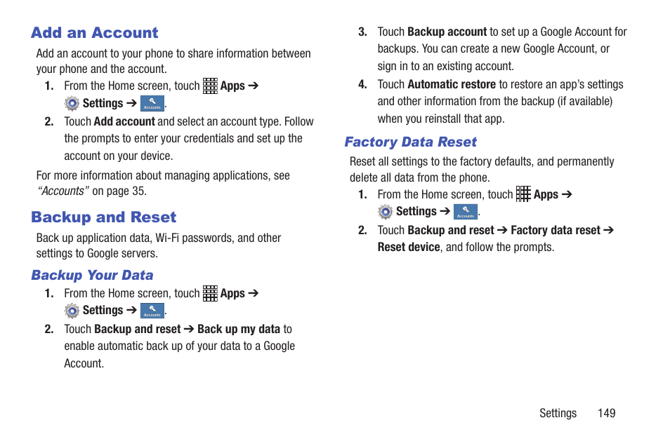 Add an account, Backup and reset, Add an account backup and reset | Samsung SCH-I435ZKAXAR User Manual | Page 155 / 170