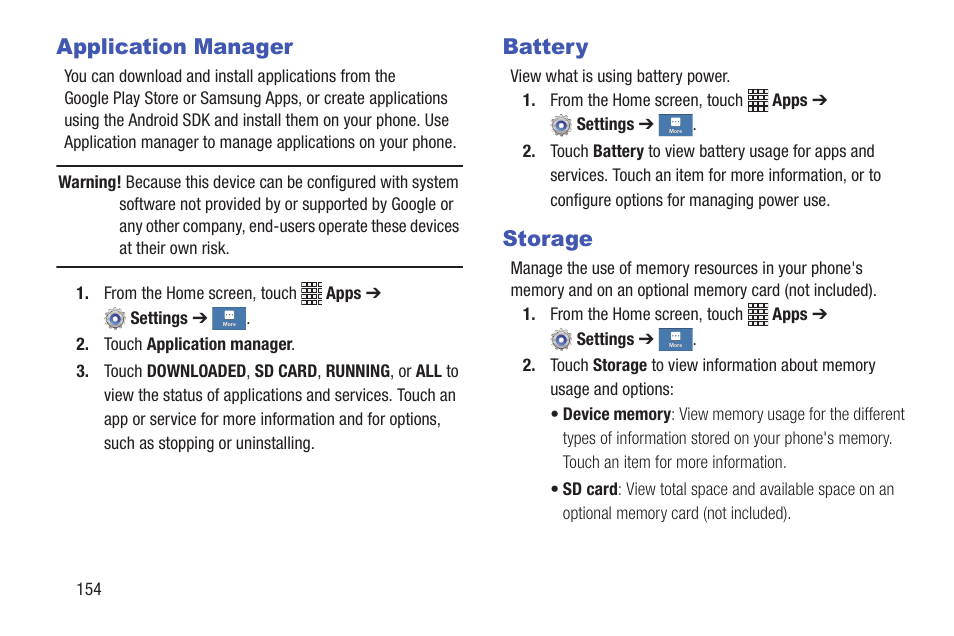 Application manager, Battery, Storage | Application manager battery storage | Samsung SCH-I435ZKAXAR User Manual | Page 160 / 170