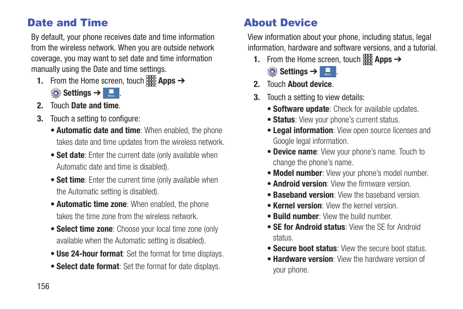 Date and time, About device, Date and time about device | Samsung SCH-I435ZKAXAR User Manual | Page 162 / 170