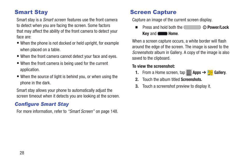 Smart stay, Screen capture, Smart stay screen capture | Samsung SCH-I435ZKAXAR User Manual | Page 34 / 170