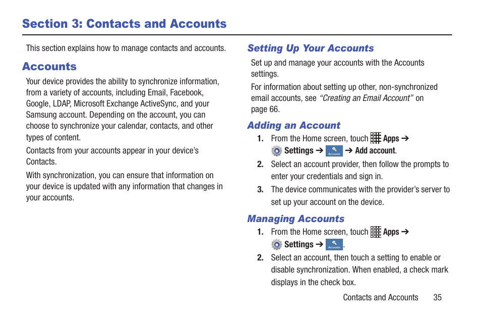 Section 3: contacts and accounts, Accounts | Samsung SCH-I435ZKAXAR User Manual | Page 41 / 170