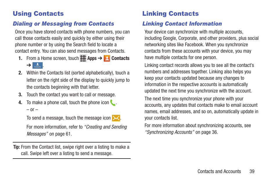 Using contacts, Linking contacts | Samsung SCH-I435ZKAXAR User Manual | Page 45 / 170