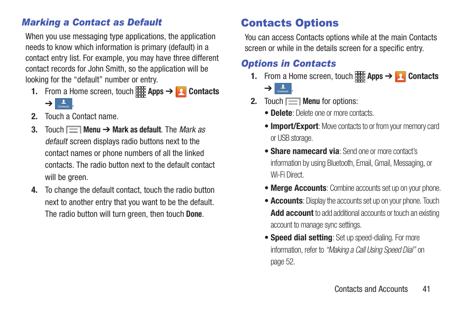 Contacts options | Samsung SCH-I435ZKAXAR User Manual | Page 47 / 170