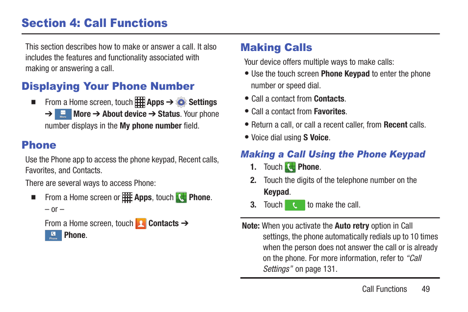 Section 4: call functions, Displaying your phone number, Phone | Making calls, Displaying your phone number phone making calls | Samsung SCH-I435ZKAXAR User Manual | Page 55 / 170