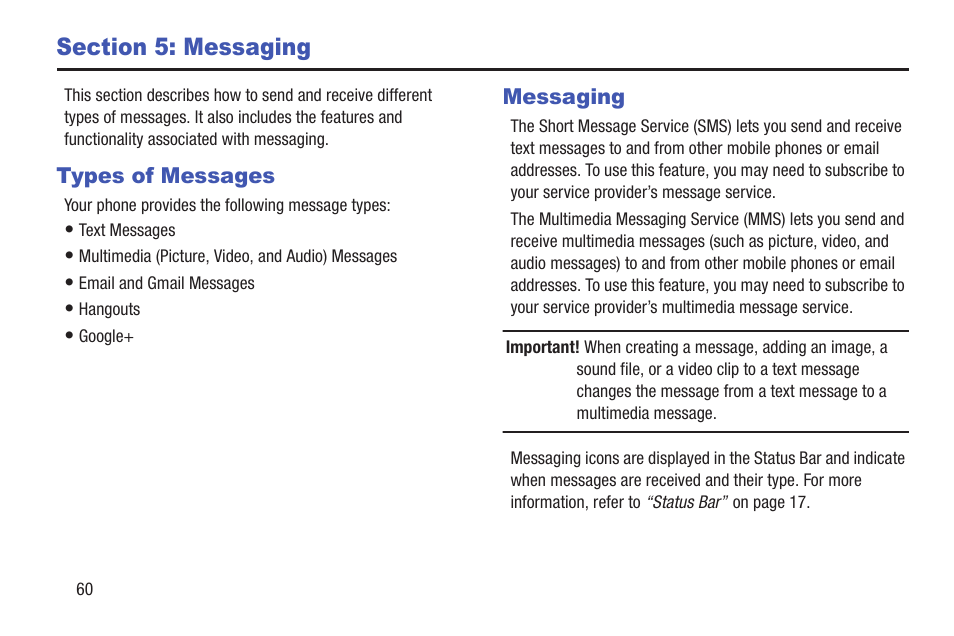 Section 5: messaging, Types of messages, Messaging | Types of messages messaging | Samsung SCH-I435ZKAXAR User Manual | Page 66 / 170