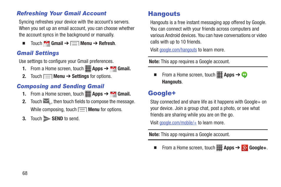 Hangouts, Google, Hangouts google | Samsung SCH-I435ZKAXAR User Manual | Page 74 / 170