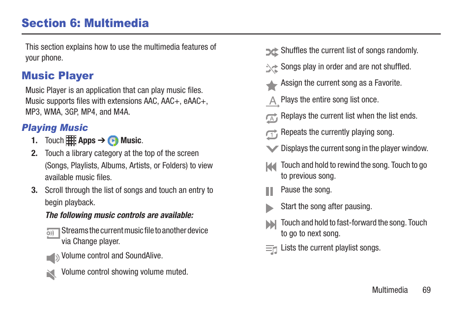 Section 6: multimedia, Music player | Samsung SCH-I435ZKAXAR User Manual | Page 75 / 170