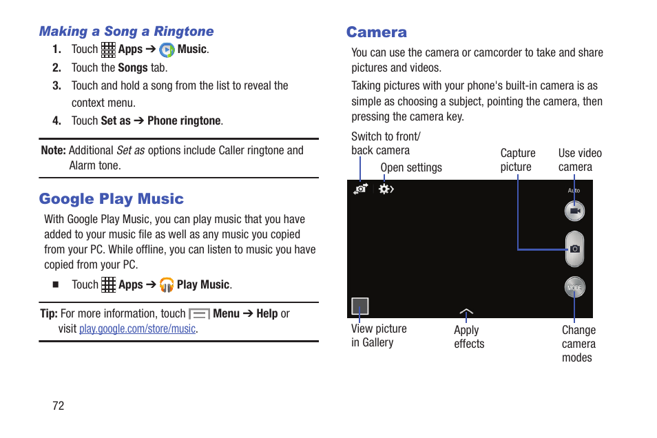 Google play music, Camera, Google play music camera | Samsung SCH-I435ZKAXAR User Manual | Page 78 / 170